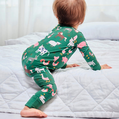 Green Farm Animals Convertible Zippered Romper